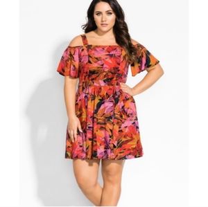 City Chic Trendy Plus Size Tropical Palm Leaf Sunrise Cold Shoulder Summer Dress